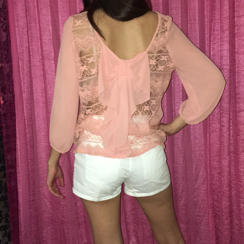 Peach Blouse Lace Bow Backing Sheer Boutique Cute